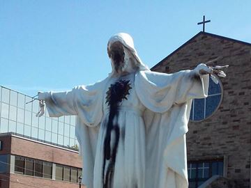 This statue of Jesus was twice defaced and damaged in front of St. Catherine of Siena Church on Hurontario Street in Cooksville, part of 63 incidents Peel Regional Police investigated as hate crimes last year.