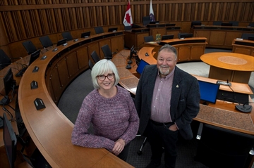 Elizabeth Clarke and Karl Kiefer stand Wednesday in the regional council chamber. Neither is running again, and they say there will be many challenges for the incoming regional council, at least half of which will be made up of newcomers.