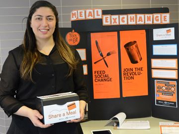 University of Guelph Meal Exchange volunteer and donations co-ordinator Lana El Sheikha stands ready to collect donations from students in the Lennox Addington residence on campus on Tuesday. Booths will be set up near campus dining halls this week to collect cash and meal points from students toward the Share a Meal campaign. Meal exchange will then use the funds to buy the most needed items for local community food pantries through the university's wholesaler.