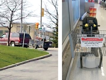BOWMANVILLE -- Police are seeking assistance from the public as they try to identify two men who stole an electric cart from a Bowmanville supermarket April 25. The cart, used by shoppers with mobility issues, was hauled away by a GMC Yukon with a black trailer. May 2, 2016