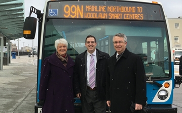 Guelph MPP Liz Sandals stands next to Mayor Cam Guthrie and MP Lloyd Longfield, posing for a photo in connection with a joint funding announcement from the feds and the province.