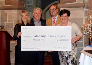 Kathy and Blair McKeil announced a $1-million donation to McNally House during a 10th anniversary celebration for the hospice on Wednesday night at Edgewater Manor in Stoney Creek. The McKeil family presented the funds to McNally House board president Murray Bain and executive director Pamela Blackwood.