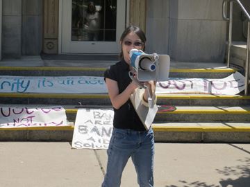 Protest leader with megaphone