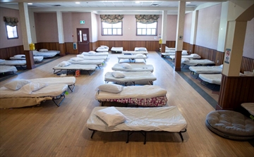 Beds sit in rows at the Schwaben Club in Kitchener. The space is being used as a temporary emergency shelter.