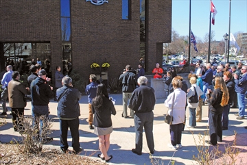 A crowd gathers for a National Day of Mourning vigil outside of Niagara Falls City Hall. Niagara District CUPE Council is promoting a series of vigils for this year's Day of Mourning on Saturday, Apr. 28.