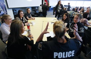 City police officers and 40 women from a group of applicants attend the inaugural Women In Policing Symposium hosted by Peterborough Police Service on Saturday March 23, 2019 held at Fleming College in Peterborough, Ont.