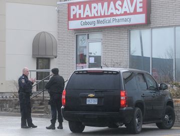 COBOURG -- Cobourg Police, the K-9 Unit of the Durham Regional Police Service and the OPP attended after a report of a robbery at the Pharmasave Cobourg Medical Pharamacy on March 28, 2016.