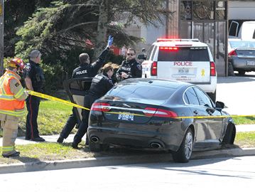 PICKERING — A two-vehicle accident in west Pickering has closed a portion of Kingston Road. The accident happened near Rosebank Road and involved two cars, including a black Jaguar. Durham Regional Police report wires have been knocked down. The Durham Regional Police K9 Unit was also at the scene. April 24, 2017.