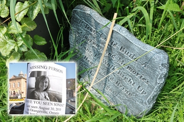 A stone marker at the memorial where Sonia Varaschin's body was found reads: