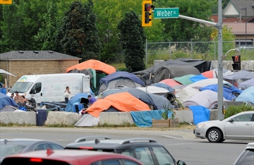 The homeless encampment at Victoria and Weber streets in Kitchener.